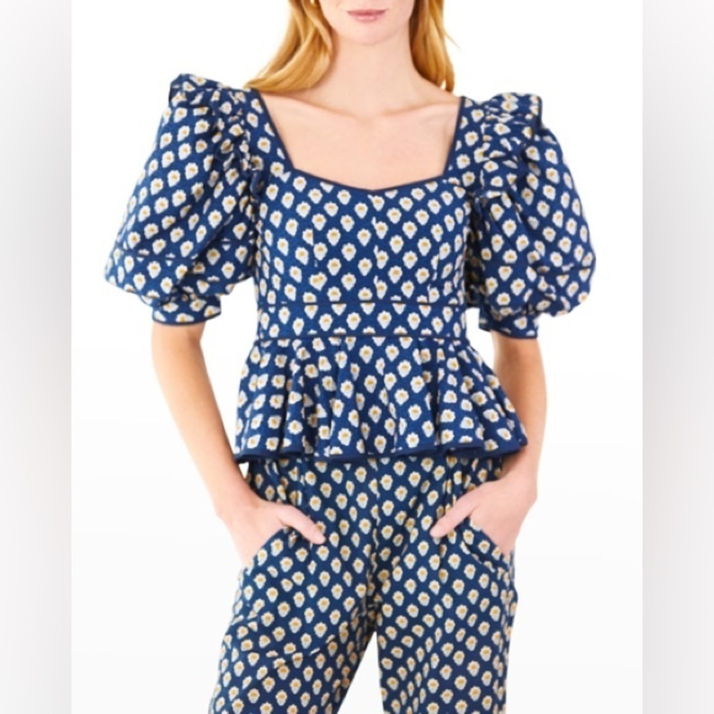 HUNTER BELL Blayne Puff Sleeves Poplin Peplum Top blouse block print floral navy